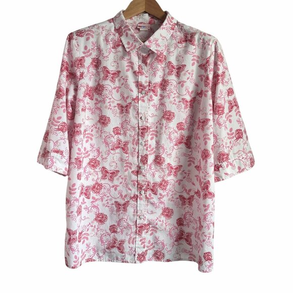 American Sweetheart Tops - Romantic Cottagecore Women's XL Pink Floral Button-Up Shirt, Butterflies, Light